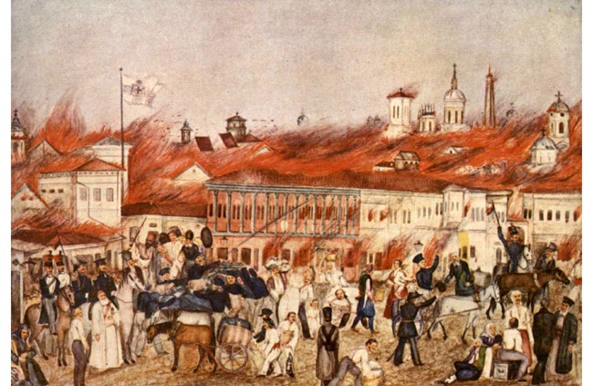 "Marele Foc", acuarelă de Mustacoff (23 martie 1847 - Un incendiu uriaș distruge 20% din orașul București) - foto preluat de pe ro.wikipedia.org