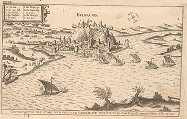 Asediul Belgradului – Bătălia de la Belgrad (4 – 22 iulie 1456) - Cetatea Belgradului (Nándorfehérvár) în Evul Mediu. Sunt vizibile etajările orașului, precum și palatul - foto preluat de pe ro.wikipedia.org