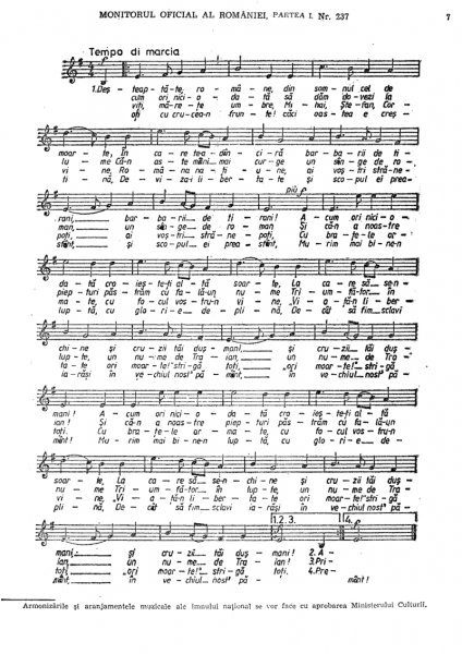 Muzica imnului național al României, Deșteaptă-te, române. Pagina din Legea nr. 75/1994 - foto preluat de pe ro.wikipedia.org