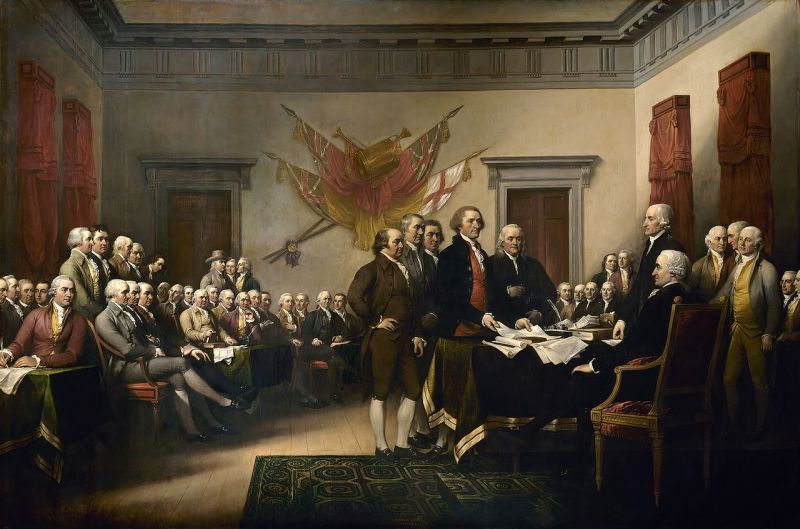 Pictură faimoasă a lui John Trumbull, adesea identificată ca o reprezentare a semnării Declarației, dar arată, de fapt, comitetul de redactare care prezintă lucrările sale Congresului - foto preluat de pe ro.wikipedia.org
