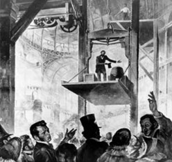 Otis free-fall safety demonstration in 1854 - foto - en.wikipedia.org