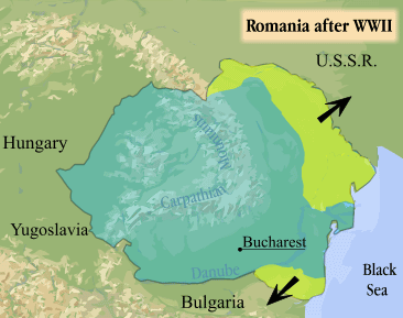România după Al Doilea Război Mondial. Teritoriile pierdute sunt marcate cu verde crud - foto preluat de pe ro.wikipedia.org