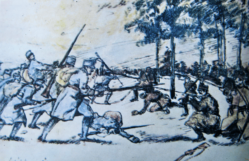 A doua bătălie de la Oituz  (28 octombrie/10 noiembrie - 2/15 noiembrie 1916) -   - Parte din Participarea României la Primul Război Mondial - Reproducere după desenul "Respingerea unui atac austro-ungar" - de I. Bughardt (din 1916) - foto preluat de pe ro.wikipedia.org