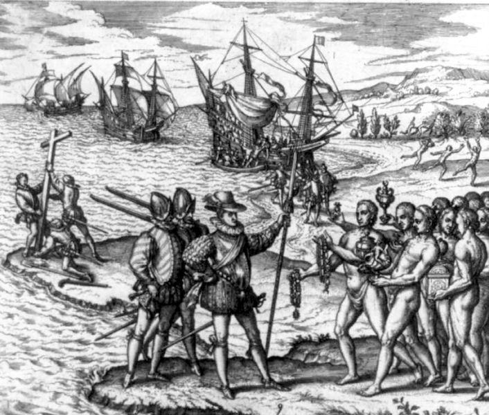 Gravură care reprezintă debarcarea primilor europeni în Hispaniola - foto preluat de pe ro.wikipedia.org