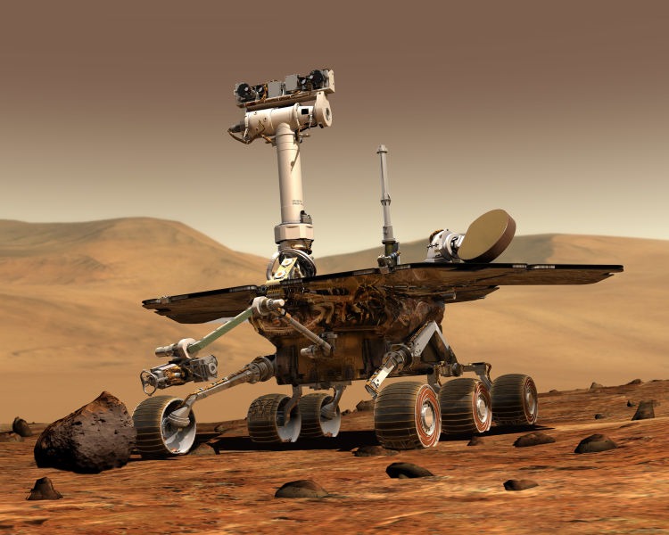 Vehiculul spațial Opportunity, denumit oficial Mars Exploration Rover - B sau MER-B, este al doilea dintre cele două vehicule spațiale de tip „rover” ale misiunii Mars Exploration Rover a organizației NASA (An artist's concept portrays Opportunity on the surface of Mars) - foto preluat de pe en.wikipedia.org