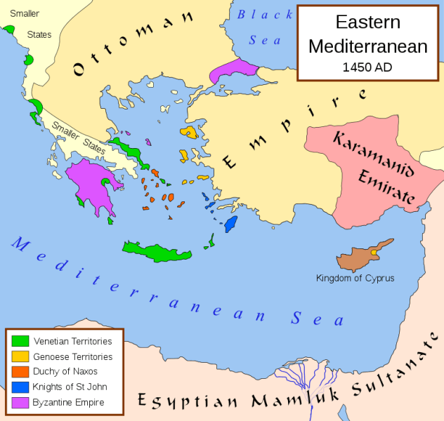 Imperiile Otoman și Bizantin în jurul anului 1450 - foto preluat de pe ro.wikipedia.org 