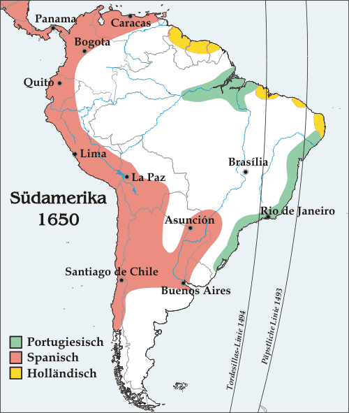 The meridian to the right was defined by Inter caetera, the one to the left by the Treaty of Tordesillas. Modern boundaries and cities are shown for purposes of illustration - foto preluat de pe en.wikipedia.org