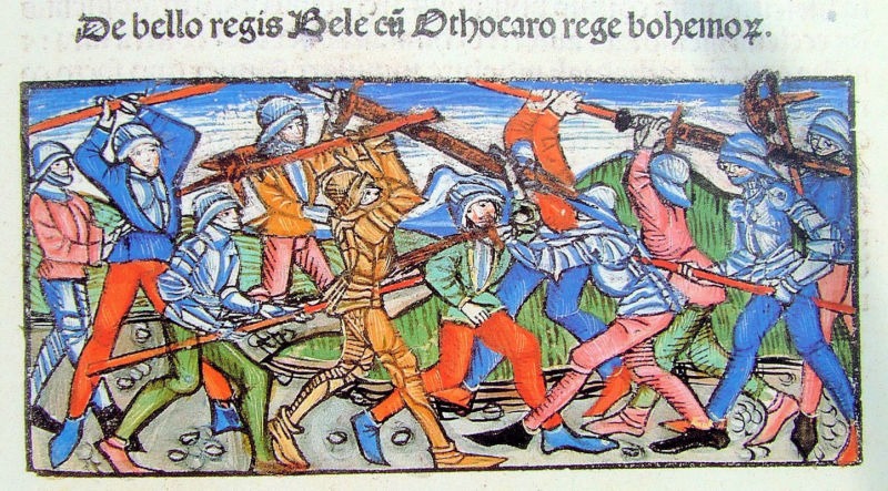 Bătalia de la Kreussenbrunn (12 iulie 1260) - Battle of King Béla and King Ottokar of Bohemia, Chronica Hungarorum by Johannes de Thurocz, about 1488 - foto preluat de pe en.wikipedia.org