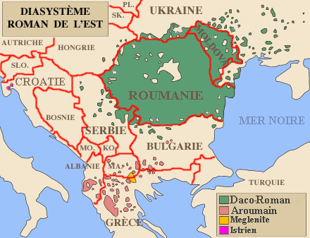 Răspândirea celor patru "limbi romane orientale" sau "dialecte ale limbii române" (conform celor două puncte de vedere prezente printre lingvişti) - foto preluat de pe ro.wikipedia.org