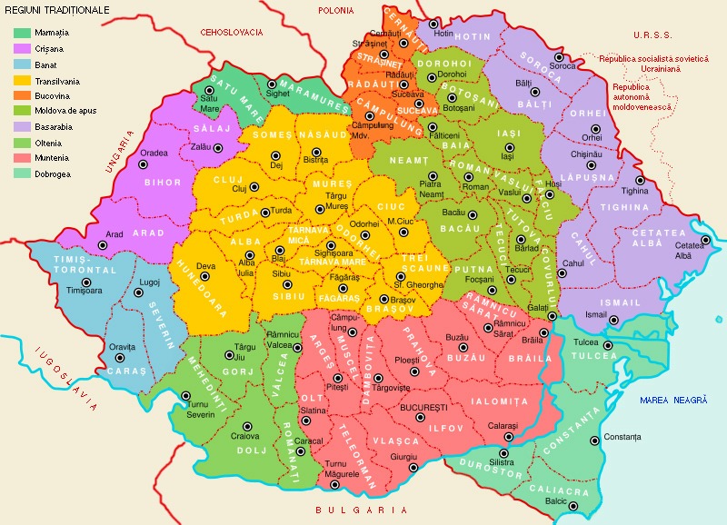 Harta României interbelice, pe care Dobrogea este în colorată în albastru-verde - foto preluat de pe ro.wikipedia.org