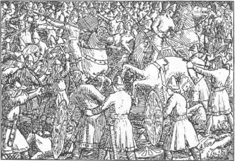 Bătălia de la Stamford Bridge (25 septembrie 1066) - A 19th century illustration for Harald Hardrada saga, Heimskringla - foto preluat de pe en.wikipedia.org