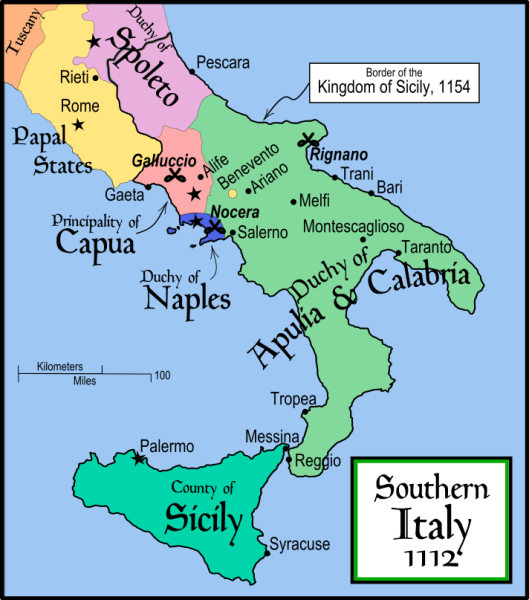 Sudul Italiei în anul 1112, după preluarea domniei de către Roger al II-lea. Granițele Regatului Siciliei la 1154, în momentul morții lui Roger, sunt indicate printr-o linie neagră mai subțire, cuprinzând cea mai mare parte din sudul Italiei - Bătălia de la Rignano (30 octombrie 1137) - Hartă indicând locația bătăliei de la Rignano - foto preluat de pe ro.wikipedia.org