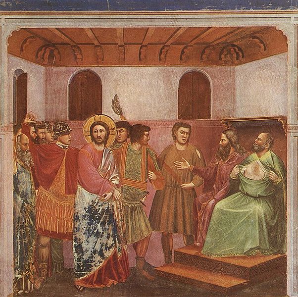 Giotto di Bondone (1267-1337), Cappella Scrovegni a Padova, Viaţa lui Hristos, Hristos înaintea lui Caiafa. Caiafa este cel aşezat care-şi rupe hainele din pricina spuselor lui Iisus, pe care le considera ca fiind o blasfemie - foto preluat de pe ro.orthodoxwiki.org