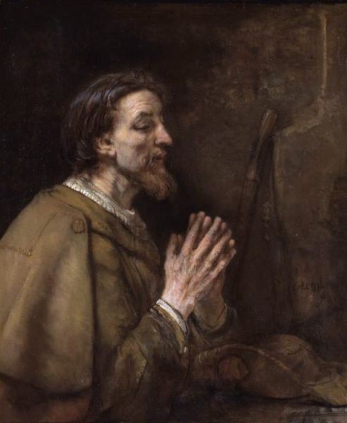 Sfântul Iacob cel Bătrân, pictat de Rembrandt în 1661. Este înfățișat îmbrăcat ca un pelerin, cu o scoică pe umăr, iar lângă el toiagul și pălăria de pelerin - foto preluat de pe en.wikipedia.org