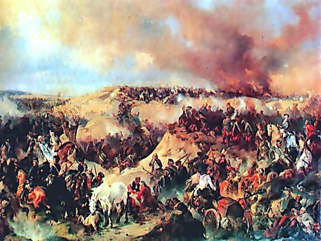 Bătălia de la Kunersdorf (12 august 1759) , parte din  Războiul de Șapte Ani (17 mai 1756 – 15 februarie 1763) pictura de Alexander Kotzebue, 1848 - foto preluat de pe ro.wikipedia.org