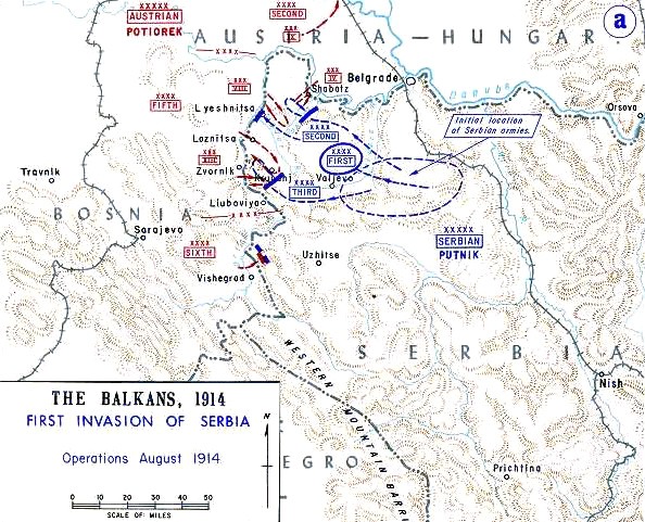 Bătălia de la Țer (16 – 19 august 1914) - Parte din Campania Sârbă din Primul Război Mondial - (O hartă înfățișând invazia inițială austro-ungară a Serbiei, august 1914) foto preluat de pe ro.wikipedia.org