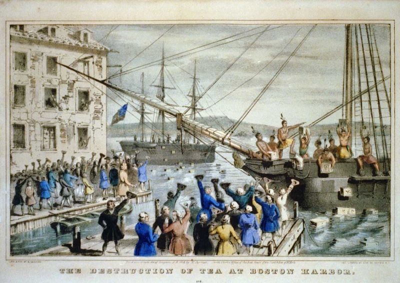 Boston Tea Party -  16 decembrie 1773 (Partida de ceai de la Boston) - Litografie de Nathaniel Currier - foto preluat de pe ro.wikipedia.org