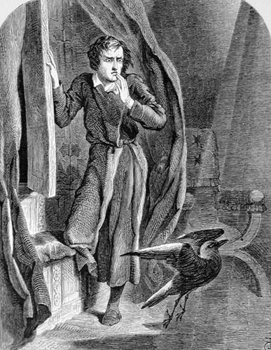 „Corbul” prezintă vizita nocturnă a unui corb misterios în locuința unui bărbat îndoliat. Ilustrație de John Tenniel (1858) - foto preluat de pe ro.wikipedia.org