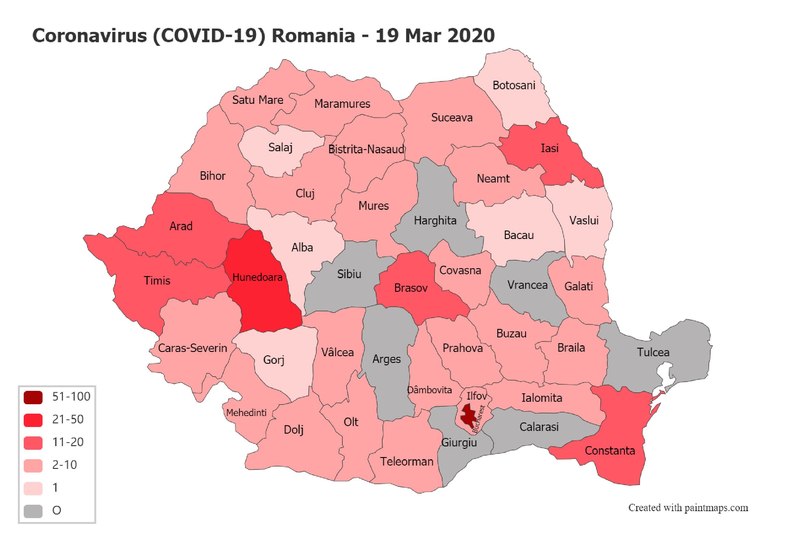 Harta cazurilor confirmate de coronavirus din România după județ. Începând cu 20 Martie nu au mai fost raportate cazurile pe judeţe - foto preluat de pe ro.wikipedia.org
