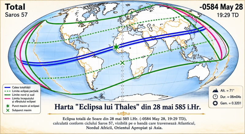 Hartă astronomică a eclipsei totale de Soare din 28 mai 585 î.Hr., cu traseul eclipsei și zonele de vizibilitate marcate pe glob.