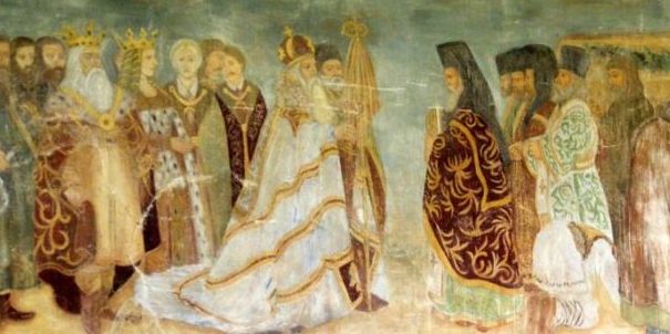 Alexandru cel Bun și alaiul domnesc la întâmpinarea moaștelor Sf. Ioan cel Nou (1402) - frescă de la Mănăstirea "Sf. Ioan cel Nou Suceava" - foto preluat de pe ro.wikipedia.org
