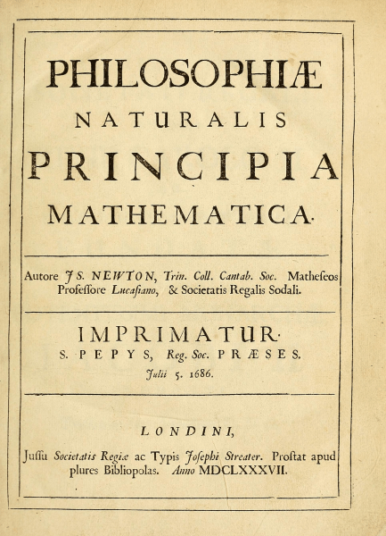 Pagina de titlu a "Philosophiae Naturalis Principia Mathematica", prima ediție (1687) - foto preluat de pe en.wikipedia.org
