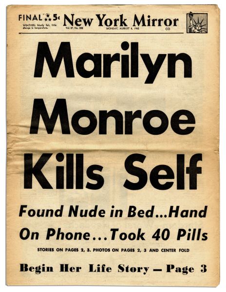 Front page of the New York Mirror on August 6, 1962 - foto preluat de pe en.wikipedia.org