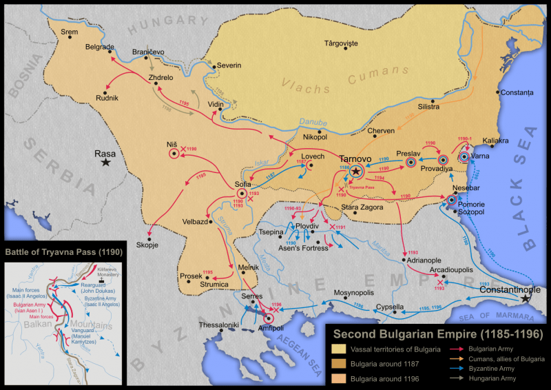 Spaţiile ocupate de vlahi şi bulgari în timpul Revoltei lui Asan şi Petru (sau Revolta vlaho-bulgară) 1185 - 1187 - foto preluat de pe ro.wikipedia.org