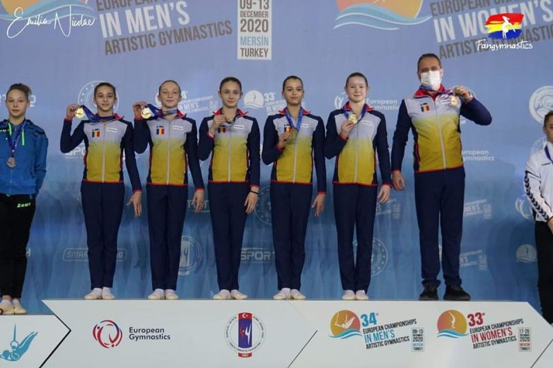 România a cucerit medaliile de aur pe echipe şi la individual compus, vineri, la Campionatele Europene feminine de gimnastică artistică pentru junioare de la Mersin, Turcia (18 decembrie 2020) - foto preluat de pe www.facebook.com/frgimnastica