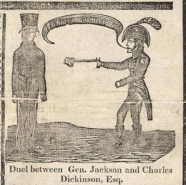 Gravură alb-negru care ilustrează duelul dintre Andrew Jackson și Charles Dickinson, cu cei doi adversari față în față, unul dintre ei ținând un pistol.