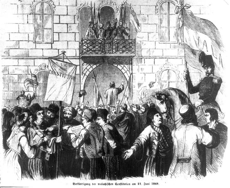Ilustrație istorică reprezentând proclamarea Constituției Țării Românești la 27 iunie 1848, în prezența unei mulțimi adunate la București în timpul Revoluției de la 1848.