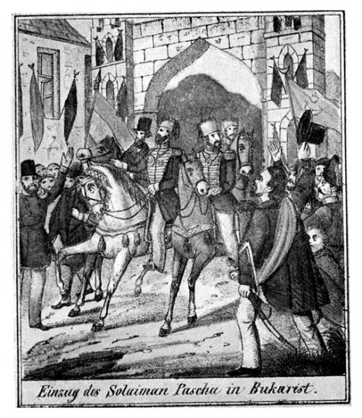 Ilustrație istorică reprezentând intrarea lui Süleiman Pașa și a trupelor otomane în București, în august 1848, în timpul Revoluției din Țara Românească.