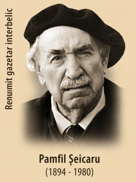 Portret al lui Pamfil Șeicaru reprodus pe o marcă poștală românească, cu menționarea anilor 1894–1980 și a statutului său de renumit gazetar interbelic.
