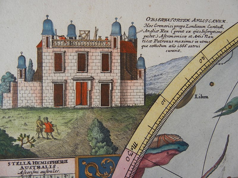 Observatorul Greenwich (latinizat ca „Observatorium Anglicanum Hoc Grenovici prope Londinum”), așa cum este ilustrat în harta emisferei sudice a emisferei cerești a lui Johann Gabriel Doppelmayr, ca. 1730 - foto preluat de pe en.wikipedia.org