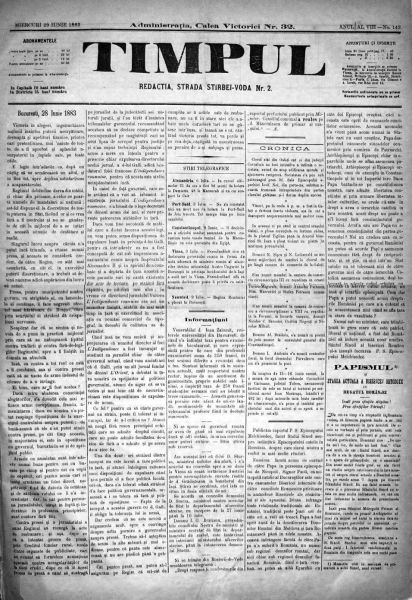Ziarul "Timpul", ediția din 29 iunie 1883 - foto preluat de pe ro.wikipedia.org