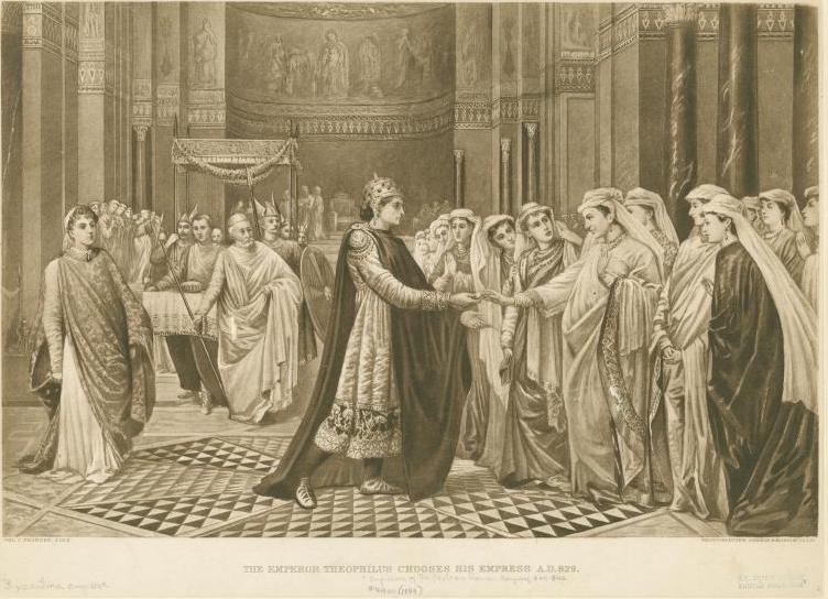 Reprezentare din secolul al XIX-lea a împăratului Theophilos la spectacolul de mireasă al mamei sale vitrege, Euphrosyne, alegând-o pe Teodora să-i devină soție - foto preluat de pe en.wikipedia.org