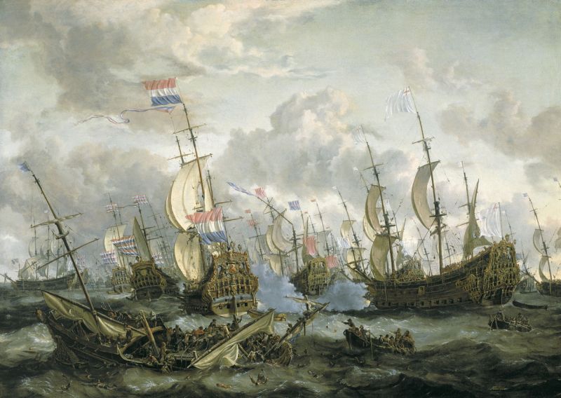 Al doilea război anglo-neerlandez (4 martie 1665 – 31 iulie 1667) - Bătălia de patru zile (1 - 4 iunie 1666), tablou pictat de Abraham Storck, circa 1670, reprezentând nava amiral neerlandeză "Zeven Provincien" luptând cu nava engleză "Royal Prince" - foto preluat de pe ro.wikipedia.org