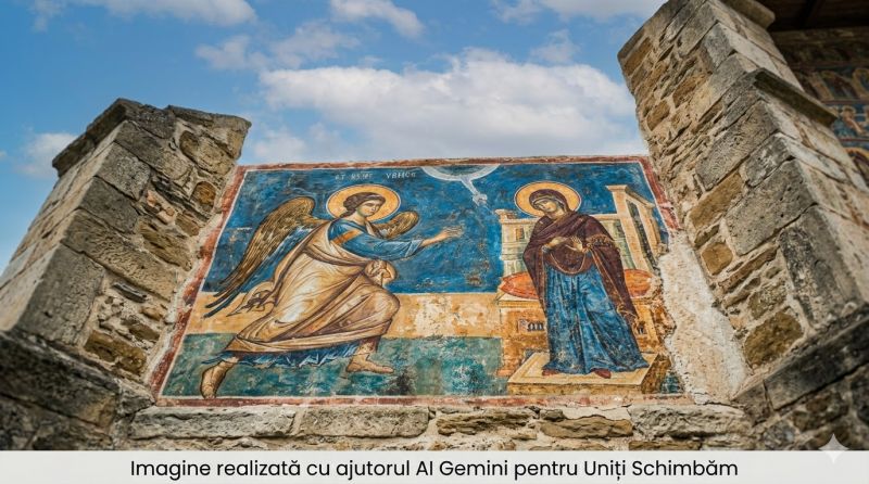 Imagine artistică cu frescă de patrimoniu românesc înfățișând Buna Vestire, realizată cu AI Gemini pentru Uniți Schimbăm.