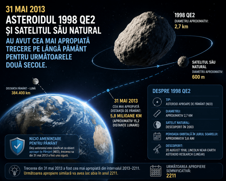Infografic despre asteroidul 1998 QE2, prezentând dimensiunile sale, satelitul natural, traiectoria de apropiere față de Pământ și datele principale ale trecerii din 31 mai 2013.