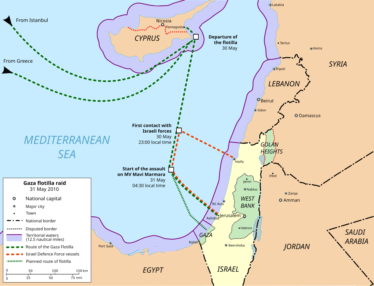 Hartă a raidului asupra flotilei Gaza din 2010, indicând traseul navelor participante, pozițiile de contact cu marina israeliană și locul abordării navei MV Mavi Marmara.