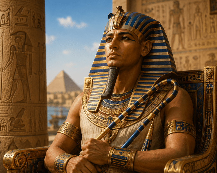 Reprezentare artistică a faraonului Ramses al II-lea (cel Mare) la începutul domniei sale, simbolizând urcarea pe tronul Egiptului în anul 1279 î.Hr. Ramses al II-lea este considerat unul dintre cei mai importanți și longevivi conducători ai Egiptului Antic. Imagine generată cu ajutorul inteligenței artificiale.