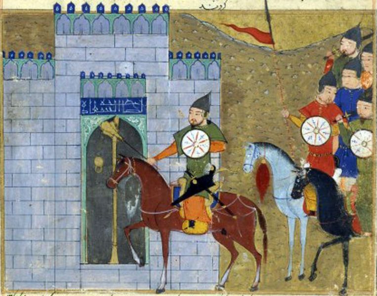 Miniatură medievală ilustrând asediul orașului Zhongdu de către războinici mongoli călare, în timpul campaniilor conduse de Ginghis Han împotriva dinastiei Jin.