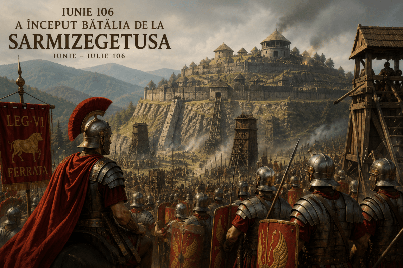 Ilustrație a asediului Sarmizegetusei Regia, cu soldați romani, mașini de asediu și fortificațiile dacice aflate pe un deal fortificat.