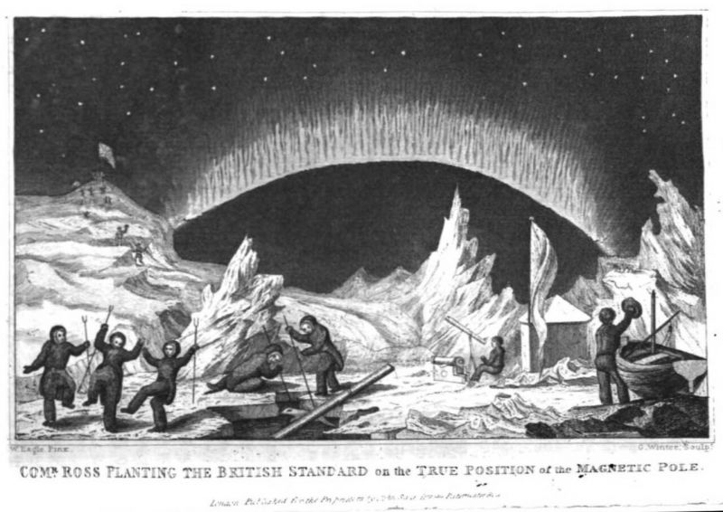 Ilustrație alb-negru reprezentând membrii expediției conduse de James Clark Ross la Polul Nord Magnetic, pe un peisaj arctic acoperit de gheață și zăpadă.