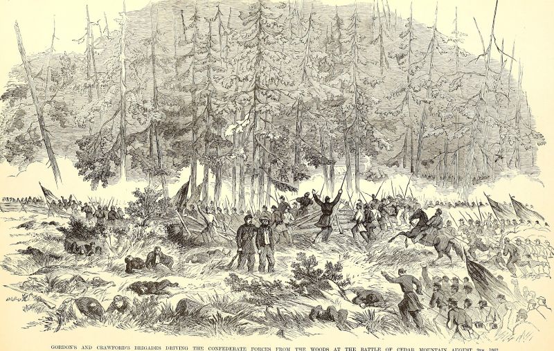 Brigăzile lui Gordon și Crawford alungând forțele confederate din pădure în Bătălia de la Cedar Mountain, 9 august 1862. Ziarul ilustrat al lui Frank Leslie - foto preluat de pe en.wikipedia.org