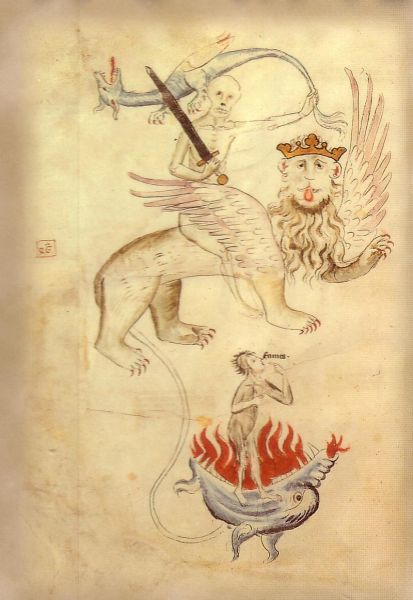 Ilustrație din Apocalipsa dintr-o Biblia Pauperum, împodobită cu miniaturi, scrisă la Erfurt în timpul Marii Foamete. Moartea stă călare pe o manticoră, a cărei coadă lungă se termină în flăcări (iadul). Foametea arată către gura ei flămândă - foto preluat de pe ro.wikipedia.org