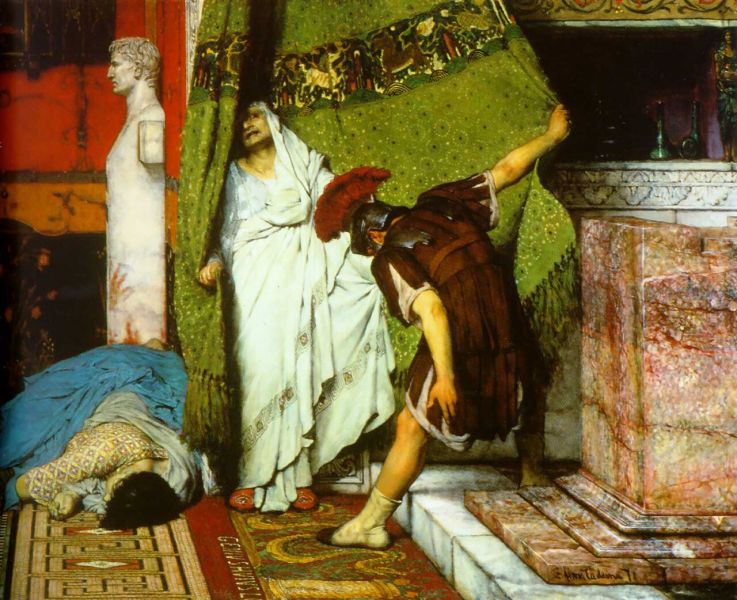 Claudius primește omagiul ca nou împărat după uciderea predecesorului său. Detaliu din pictura „Un împărat roman” 41 d.Hr. de Lawrence Alma-Tadema (cca.  1871 .) - foto preluat de pe en.wikipedia.org