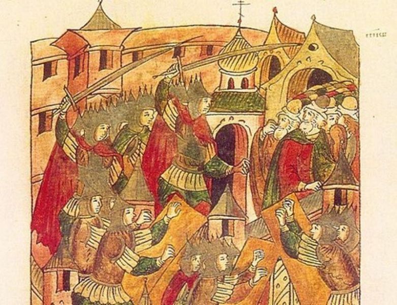 Invazia mongolă în Rusia Kieveană - Cucerirea Vladimirului de către mongoli în 1238. Miniatură din cronicile rusești - foto preluat de pe ro.wikipedia.org