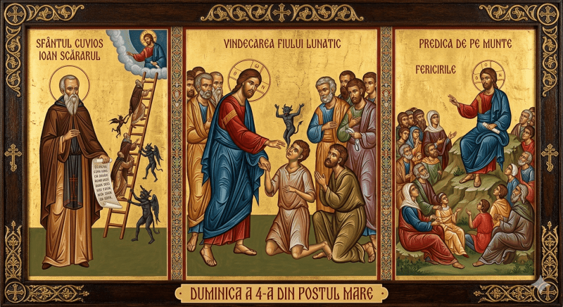 Duminica a 4-a din Post - a Sfântului Cuvios Ioan Scărarul; Vindecarea fiului lunatic; Predica de pe munte - Fericirile