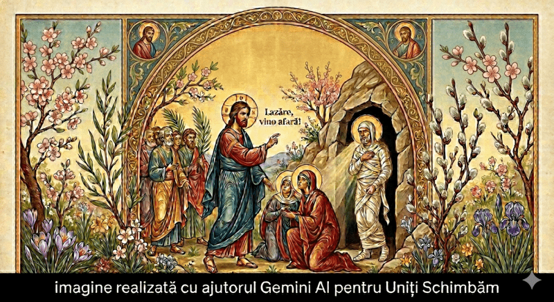 ​O reprezentare iconografică luminoasă și curată a Învierii lui Lazăr, înconjurată de flori de primăvară și ramuri de salcie înflorite. În partea de jos, o bandă neagră solidă conține textul alb: „imagine realizată cu ajutorul Gemini AI pentru Uniți Schimbăm”. Imaginea este optimizată pentru articolul unificat despre semnificația religioasă și datinile populare ale sărbătorii.